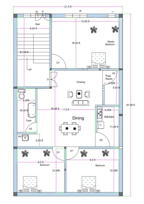 22x48 north facing first floor 3BHK house plan (actual size 21.50x47.66 ft) with master bedroom, two bedrooms, kitchen, puja room, toilet, dining area, and staircase.