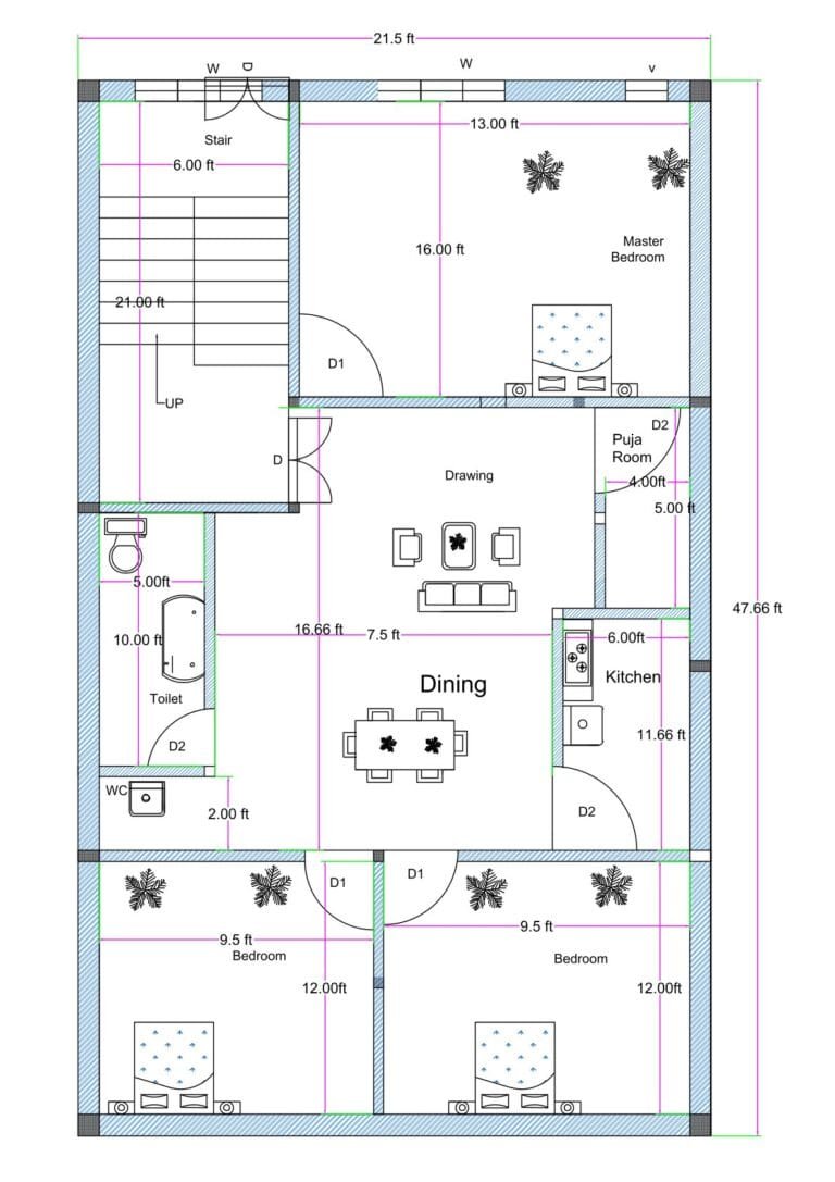 22x48 north facing first floor 3BHK house plan (actual size 21.50x47.66 ft) with master bedroom, two bedrooms, kitchen, puja room, toilet, dining area, and staircase.