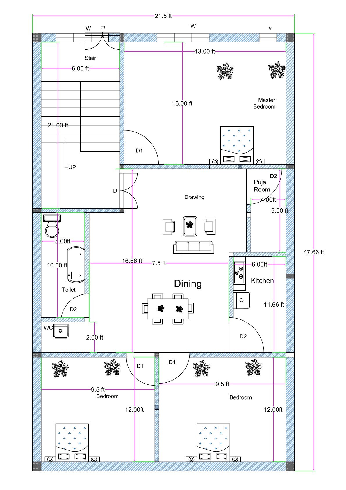 22x48 north facing first floor 3BHK house plan (actual size 21.50x47.66 ft) with master bedroom, two bedrooms, kitchen, puja room, toilet, dining area, and staircase.