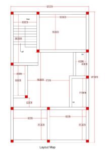 22x48 north facing house structural layout plan (actual size 21.50x47.66 ft) showing column grid, beam alignment, staircase block, and load-bearing structure design.pdf