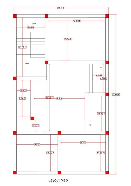 22x48 north facing house structural layout plan (actual size 21.50x47.66 ft) showing column grid, beam alignment, staircase block, and load-bearing structure design.pdf