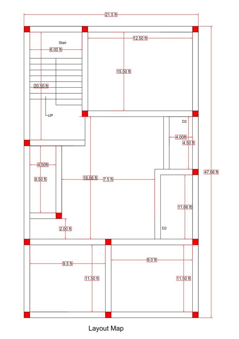 22x48 north facing house structural layout plan (actual size 21.50x47.66 ft) showing column grid, beam alignment, staircase block, and load-bearing structure design.pdf
