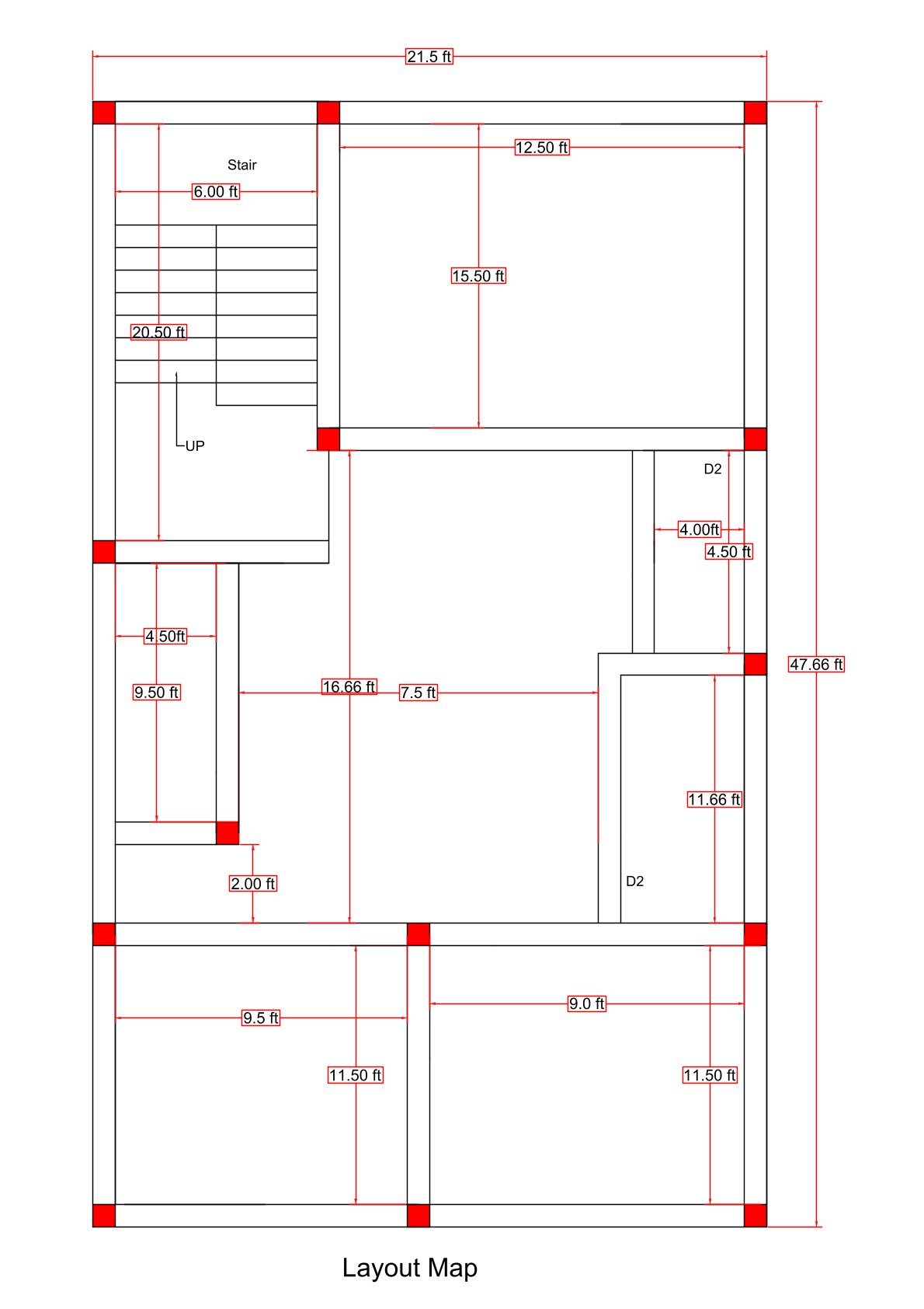 22x48 north facing house structural layout plan (actual size 21.50x47.66 ft) showing column grid, beam alignment, staircase block, and load-bearing structure design.pdf