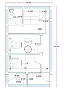 18x31 feet compact 2BHK house plan with staircase, two bedrooms, common toilet, and small circulation lobby for narrow residential plot.