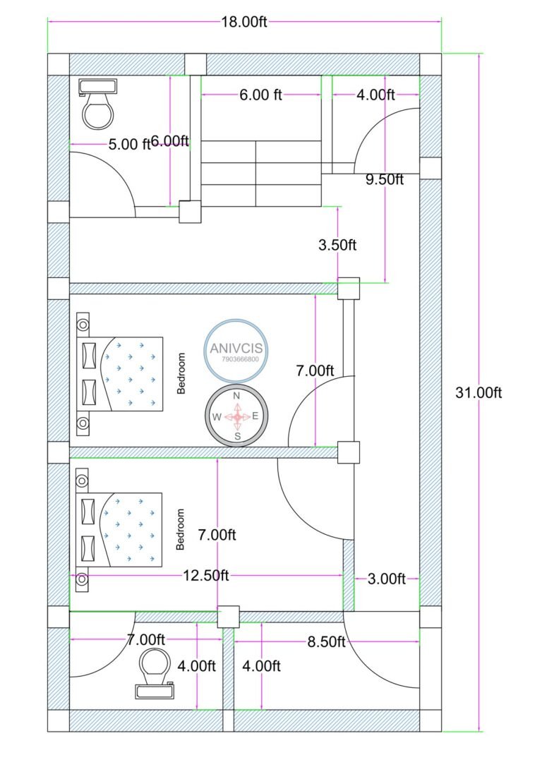 18x31 feet compact 2BHK house plan with staircase, two bedrooms, common toilet, and small circulation lobby for narrow residential plot.