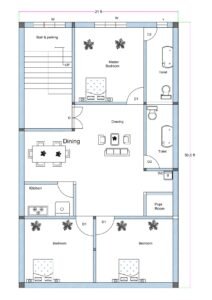 20x50 feet 3BHK house plan (approx. 21x50 ft) with staircase and parking, drawing room, dining area, kitchen, puja room, three bedrooms, and two toilets.