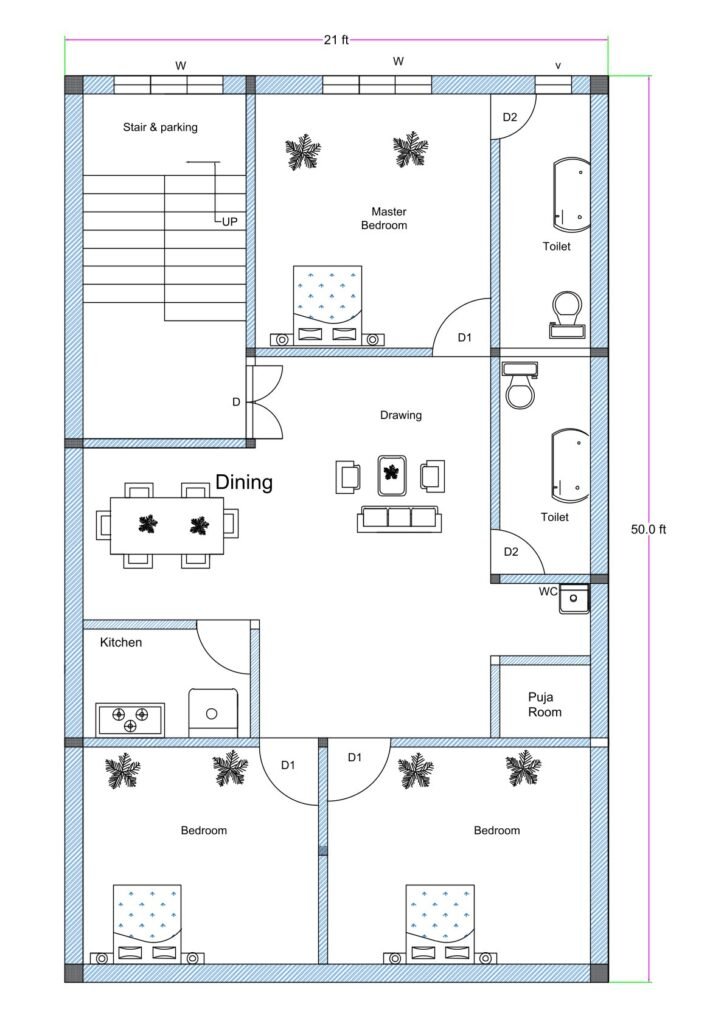 20x50 feet 3BHK house plan (approx. 21x50 ft) with staircase and parking, drawing room, dining area, kitchen, puja room, three bedrooms, and two toilets.