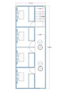 21x72 feet lodge or PG building plan with multiple bedrooms and attached toilets, staircase access, and central corridor layout for commercial accommodation use.