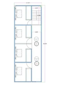 21x72 feet lodge or PG building plan with multiple bedrooms and attached toilets, staircase access, and central corridor layout for commercial accommodation use.