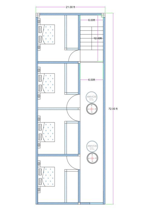 21x72 feet lodge or PG building plan with multiple bedrooms and attached toilets, staircase access, and central corridor layout for commercial accommodation use.