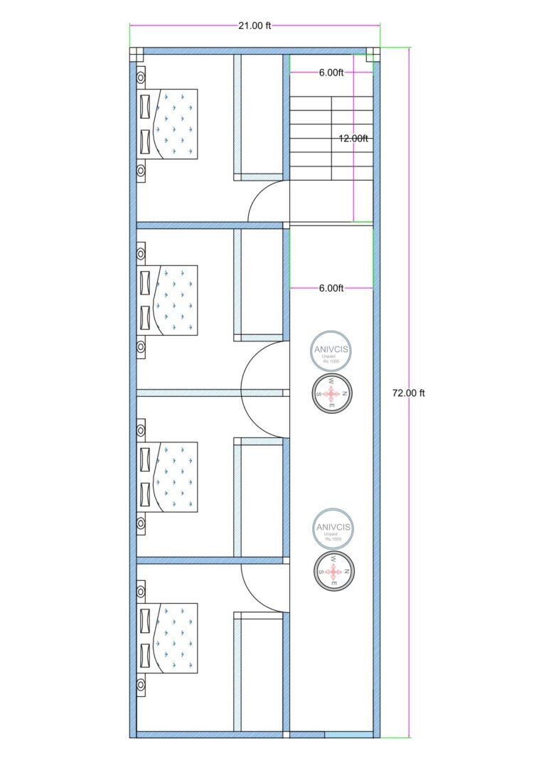 21x72 feet lodge or PG building plan with multiple bedrooms and attached toilets, staircase access, and central corridor layout for commercial accommodation use.