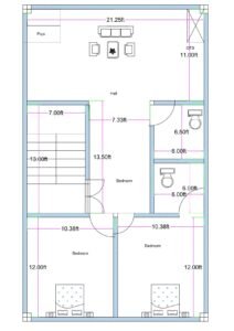 22x38 east facing 2BHK house plan (actual size 22.25x38 ft) with master bedroom, common bedroom, hall, puja room, two toilets, staircase, and rooftop kitchen provision.