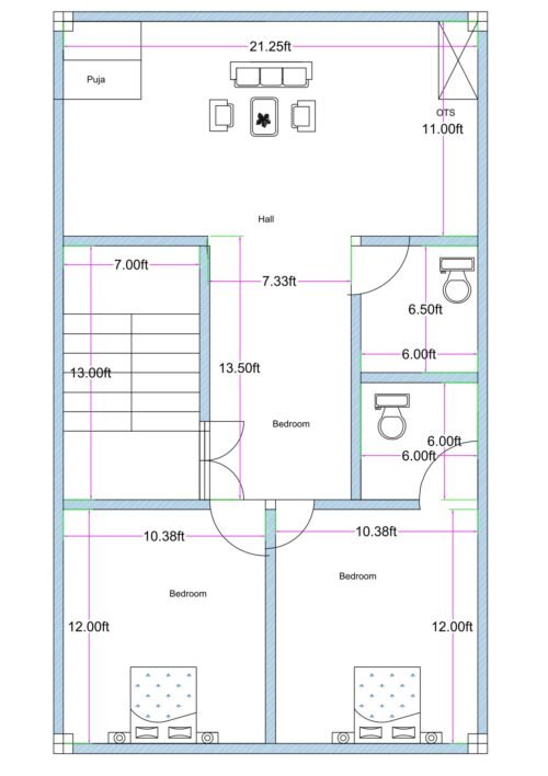 22x38 east facing 2BHK house plan (actual size 22.25x38 ft) with master bedroom, common bedroom, hall, puja room, two toilets, staircase, and rooftop kitchen provision.