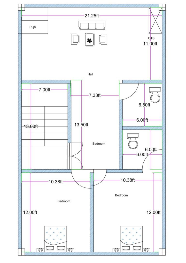 22x38 east facing 2BHK house plan (actual size 22.25x38 ft) with master bedroom, common bedroom, hall, puja room, two toilets, staircase, and rooftop kitchen provision.