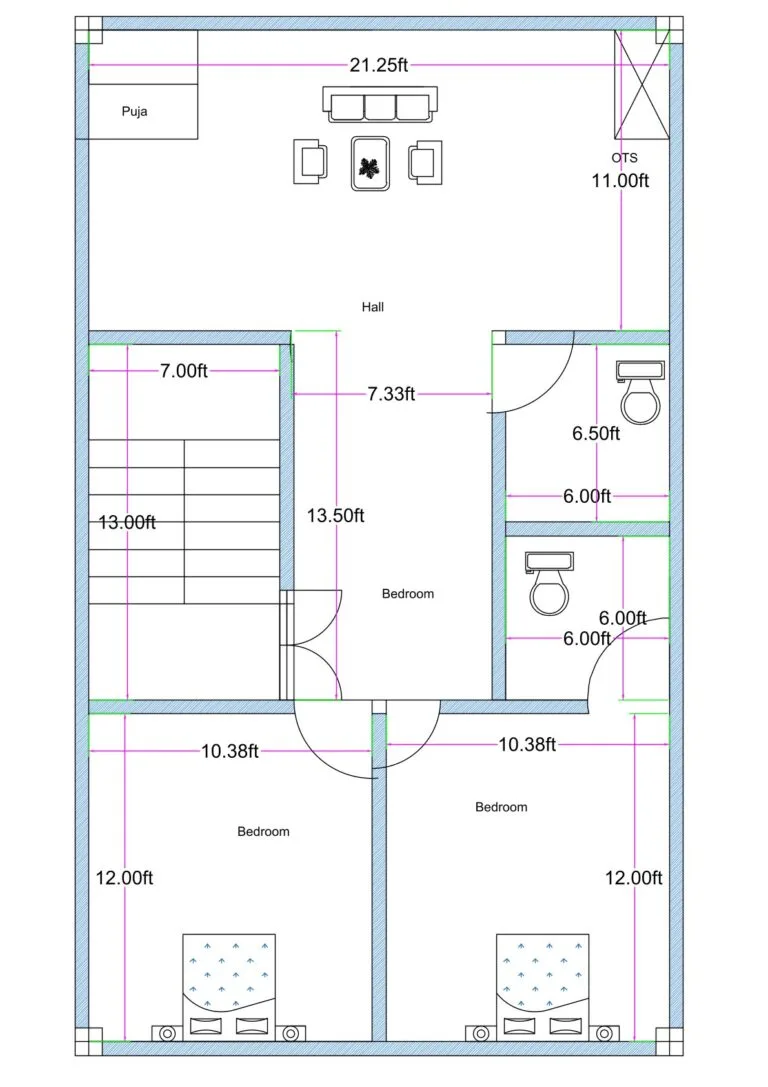 22x38 east facing 2BHK house plan (actual size 22.25x38 ft) with master bedroom, common bedroom, hall, puja room, two toilets, staircase, and rooftop kitchen provision.