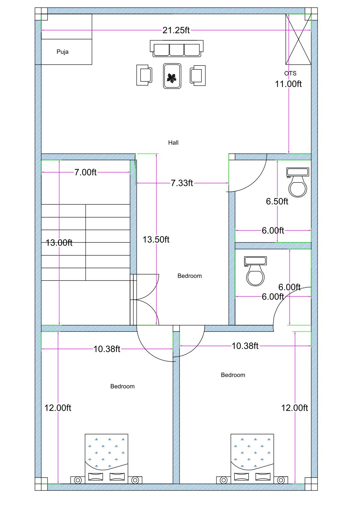 22x38 east facing 2BHK house plan (actual size 22.25x38 ft) with master bedroom, common bedroom, hall, puja room, two toilets, staircase, and rooftop kitchen provision.