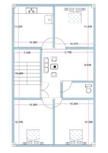 22x38 feet 3BHK house plan (actual size 22.25x38 ft) with staircase, central hall, kitchen, three bedrooms, and common toilet for compact residential plot.