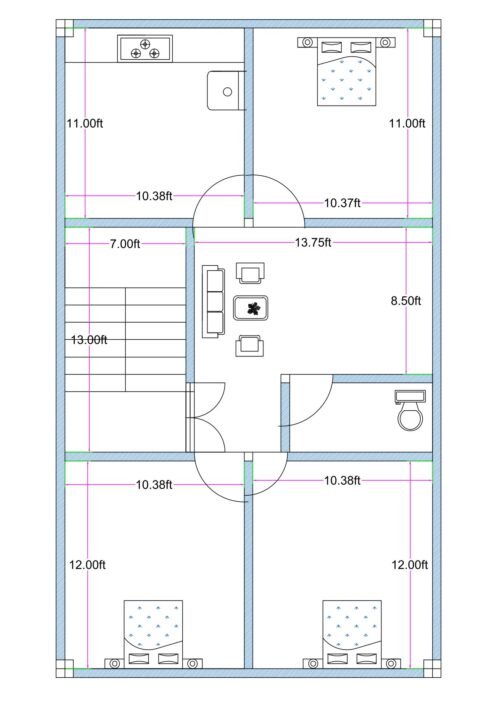 22x38 feet 3BHK house plan (actual size 22.25x38 ft) with staircase, central hall, kitchen, three bedrooms, and common toilet for compact residential plot.