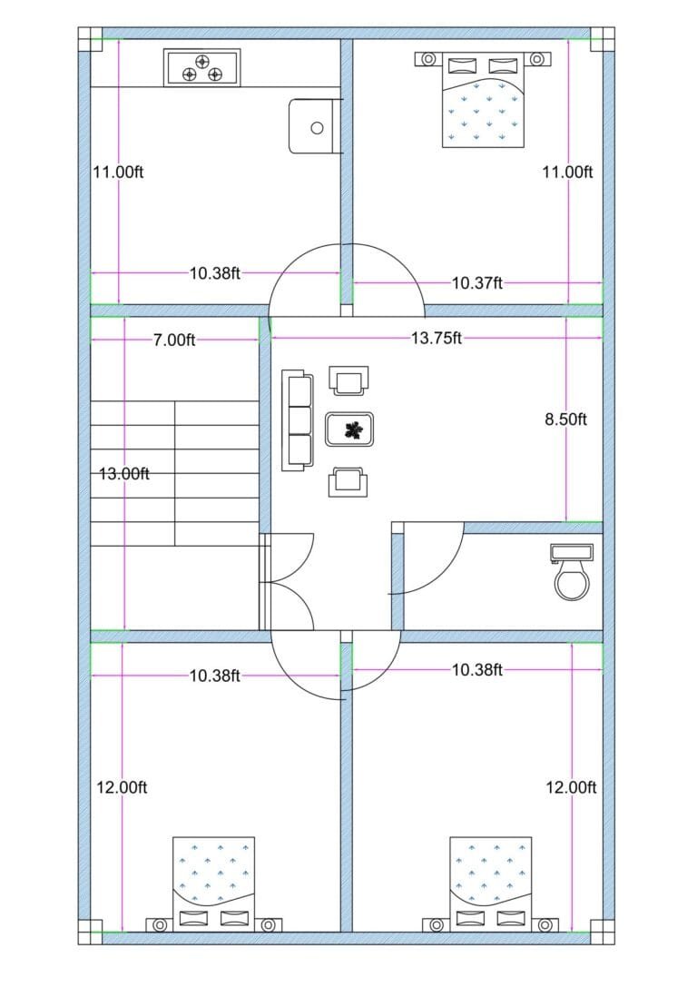 22x38 feet 3BHK house plan (actual size 22.25x38 ft) with staircase, central hall, kitchen, three bedrooms, and common toilet for compact residential plot.