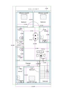 22x50 west facing house plan (actual size 22.6x50 ft) featuring 2BHK unit, 1BHK unit, RK unit, balcony, OTS ventilation, and staircase for rental-friendly residential layout.