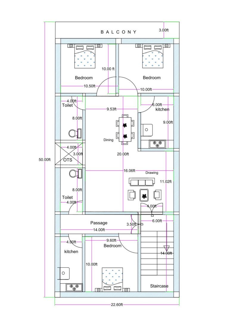 22x50 west facing house plan (actual size 22.6x50 ft) featuring 2BHK unit, 1BHK unit, RK unit, balcony, OTS ventilation, and staircase for rental-friendly residential layout.