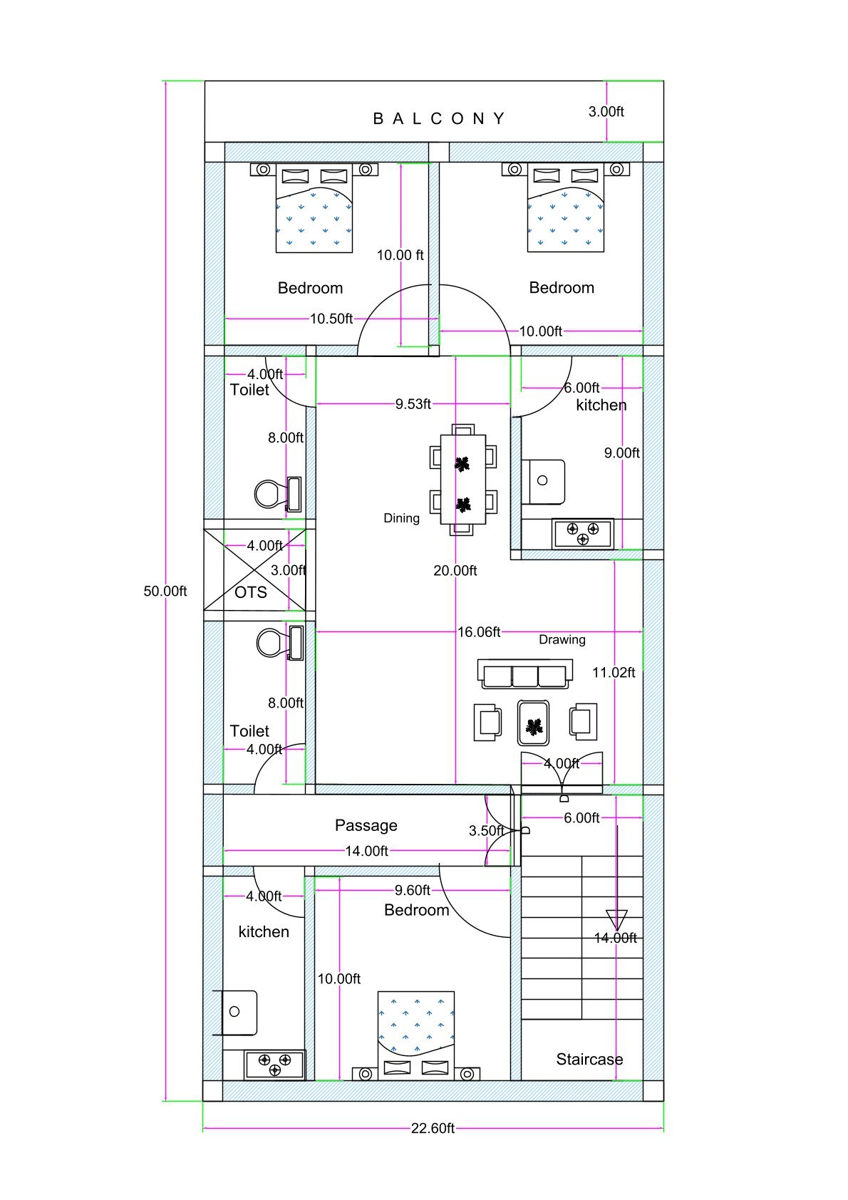 22x50 west facing house plan (actual size 22.6x50 ft) featuring 2BHK unit, 1BHK unit, RK unit, balcony, OTS ventilation, and staircase for rental-friendly residential layout.