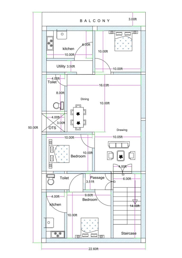 22x50 west facing house plan (actual size 22.6x50 ft) featuring 2BHK and 1BHK units with balcony, utility area, OTS ventilation, kitchen, staircase, and dining-drawing layout.