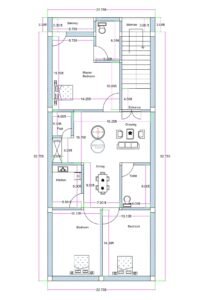 23x53 west facing premium 3BHK house plan (actual size 22.75x52.75 ft) with master bedroom, two bedrooms, kitchen, puja room, OTS, drawing room, dining area, and rear staircase designed as per Vastu.