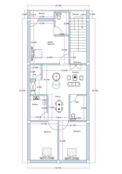 23x53 west facing premium 3BHK house plan (actual size 22.75x52.75 ft) with master bedroom, two bedrooms, kitchen, puja room, OTS, drawing room, dining area, and rear staircase designed as per Vastu.