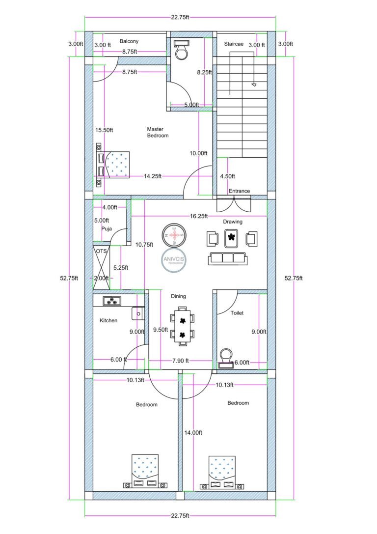 23x53 west facing premium 3BHK house plan (actual size 22.75x52.75 ft) with master bedroom, two bedrooms, kitchen, puja room, OTS, drawing room, dining area, and rear staircase designed as per Vastu.