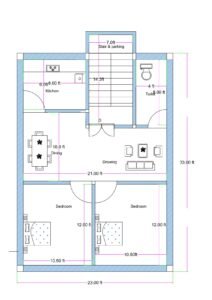 22x33 feet compact 2BHK house plan (actual size approx. 23x33 ft) with front staircase and parking, kitchen, drawing room, dining area, common toilet, and two bedrooms.
