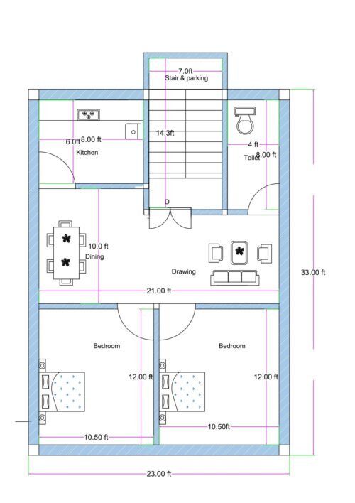 22x33 feet compact 2BHK house plan (actual size approx. 23x33 ft) with front staircase and parking, kitchen, drawing room, dining area, common toilet, and two bedrooms.
