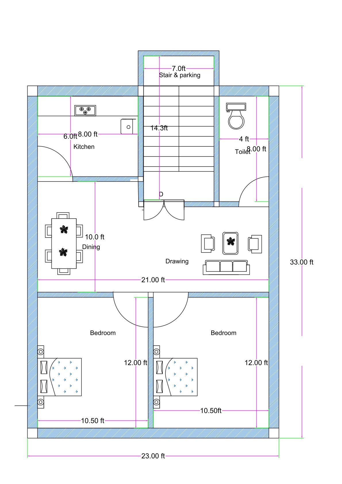 22x33 feet compact 2BHK house plan (actual size approx. 23x33 ft) with front staircase and parking, kitchen, drawing room, dining area, common toilet, and two bedrooms.