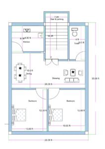 22x35 feet compact 2BHK house plan with front staircase and parking, kitchen, drawing room, dining area, common toilet, and two bedrooms.