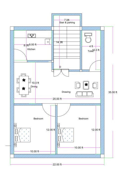 22x35 feet compact 2BHK house plan with front staircase and parking, kitchen, drawing room, dining area, common toilet, and two bedrooms.