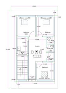 22x40 west facing 3BHK house plan (actual built-up 22x39 ft on 25x45 plot) with side setbacks, staircase at front, 3 bedrooms, separate toilet and bathroom, drawing room, kitchen 6x10.5 ft, and ventilation space around building.