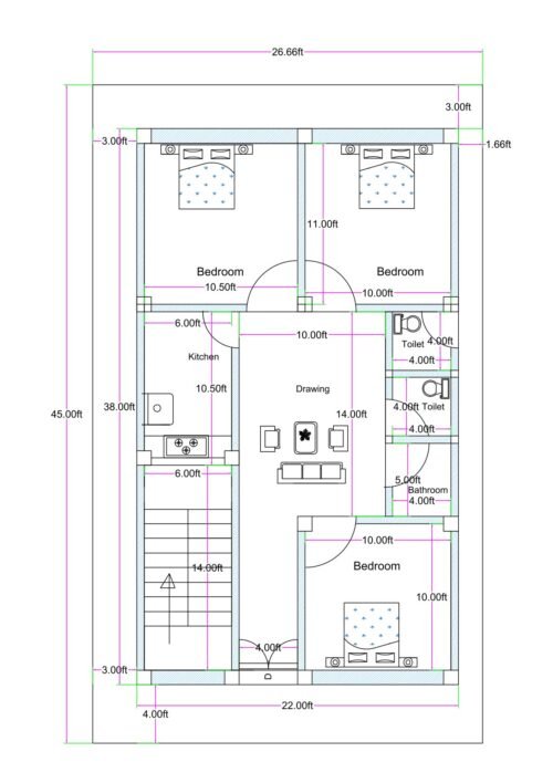22x40 west facing 3BHK house plan (actual built-up 22x39 ft on 25x45 plot) with side setbacks, staircase at front, 3 bedrooms, separate toilet and bathroom, drawing room, kitchen 6x10.5 ft, and ventilation space around building.