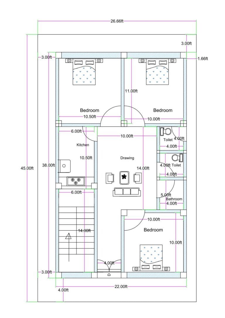 22x40 west facing 3BHK house plan (actual built-up 22x39 ft on 25x45 plot) with side setbacks, staircase at front, 3 bedrooms, separate toilet and bathroom, drawing room, kitchen 6x10.5 ft, and ventilation space around building.