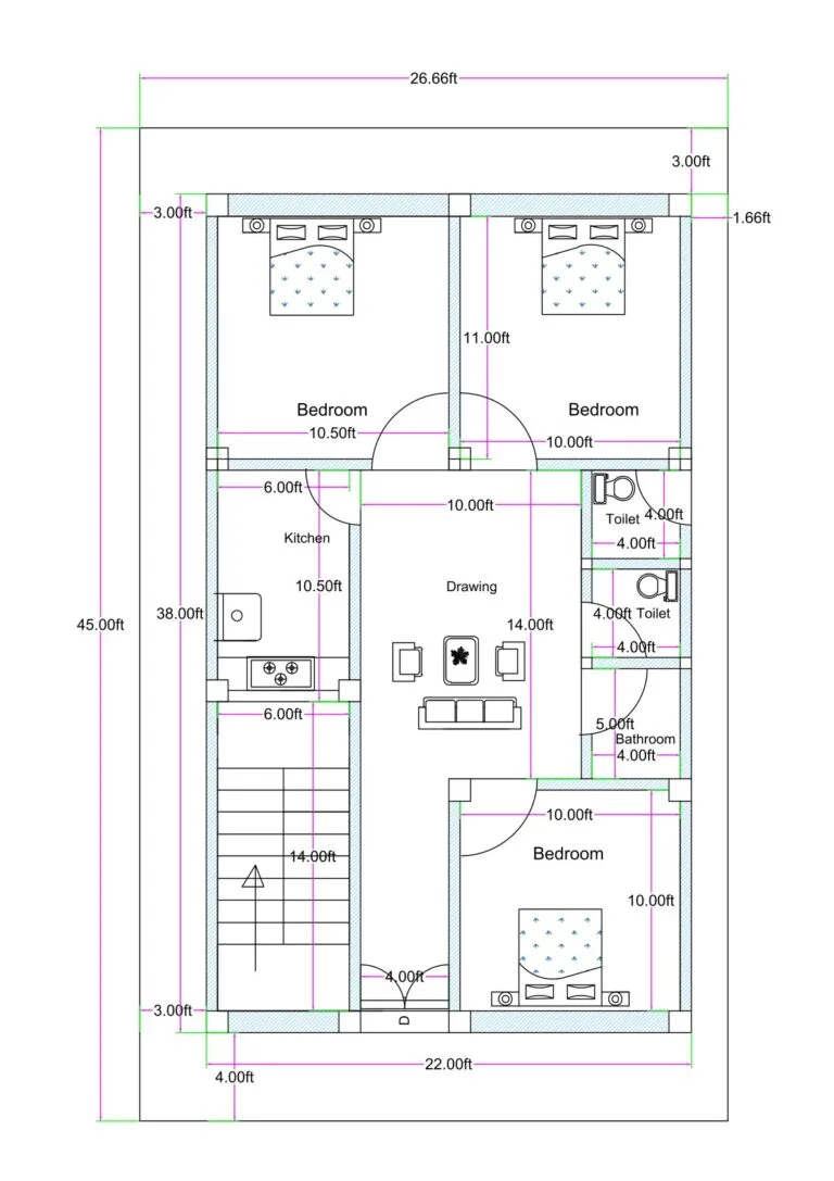 22x40 west facing 3BHK house plan (actual built-up 22x39 ft on 25x45 plot) with side setbacks, staircase at front, 3 bedrooms, separate toilet and bathroom, drawing room, kitchen 6x10.5 ft, and ventilation space around building.