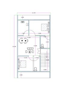 22x42 north facing 2BHK house plan with staircase entrance, master bedroom with attached toilet, common bedroom, hall with dining and drawing space, kitchen, front and rear balconies for ventilation.