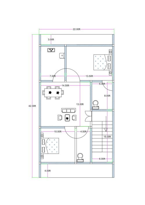 22x42 north facing 2BHK house plan with staircase entrance, master bedroom with attached toilet, common bedroom, hall with dining and drawing space, kitchen, front and rear balconies for ventilation.