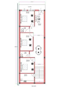 22x55 north-facing 3BHK house plan with front lawn, balcony, staircase, three bedrooms, kitchen, drawing room, and attached toilets designed as per Vastu.