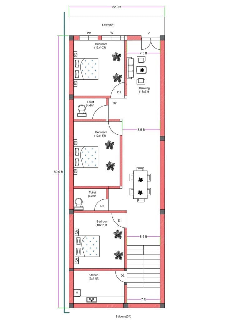 22x55 north-facing 3BHK house plan with front lawn, balcony, staircase, three bedrooms, kitchen, drawing room, and attached toilets designed as per Vastu.