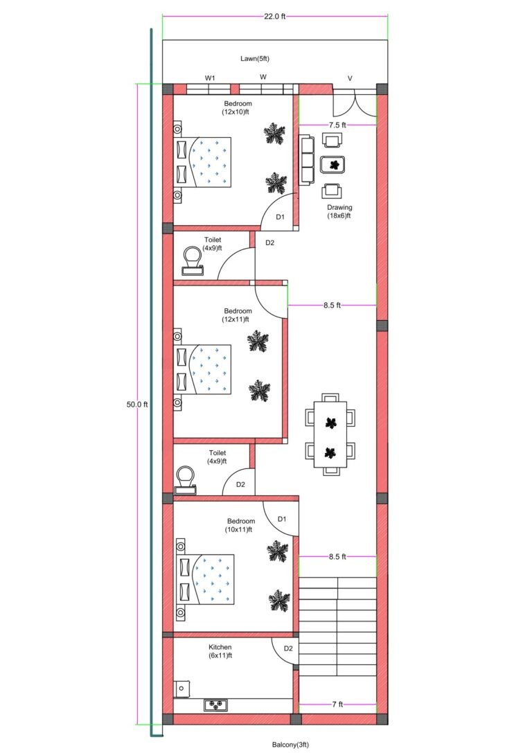 22x55 north-facing 3BHK house plan with front lawn, balcony, staircase, three bedrooms, kitchen, drawing room, and attached toilets designed as per Vastu.