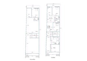 22x73 mixed-use building plan with front parking, staircase, guard room on ground floor, and first floor layout including shop, 1BHK unit, and 2BHK residential unit.