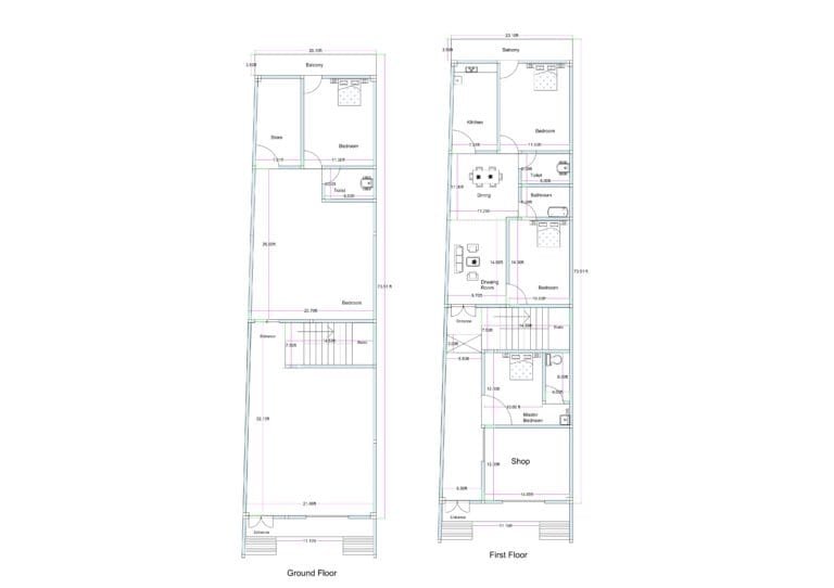 22x73 mixed-use building plan with front parking, staircase, guard room on ground floor, and first floor layout including shop, 1BHK unit, and 2BHK residential unit.