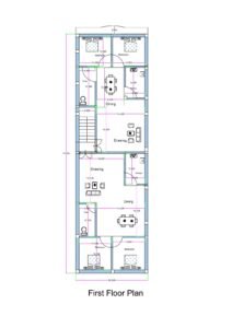 First floor plan of a 22x75 feet (can be written as 20x75 or 25x75 for SEO) north-facing corner plot showing two symmetrical 2BHK flats. Each unit includes two bedrooms, drawing room, dining area, kitchen, and toilet. A central staircase provides independent access to both flats from below. The layout includes a front balcony, proper cross ventilation from two sides due to the corner plot location, and Vastu-aligned room placements. Designed for rental use on a narrow and deep urban plot.
