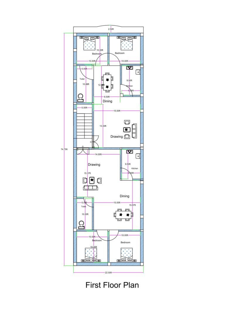 First floor plan of a 22x75 feet (can be written as 20x75 or 25x75 for SEO) north-facing corner plot showing two symmetrical 2BHK flats. Each unit includes two bedrooms, drawing room, dining area, kitchen, and toilet. A central staircase provides independent access to both flats from below. The layout includes a front balcony, proper cross ventilation from two sides due to the corner plot location, and Vastu-aligned room placements. Designed for rental use on a narrow and deep urban plot.