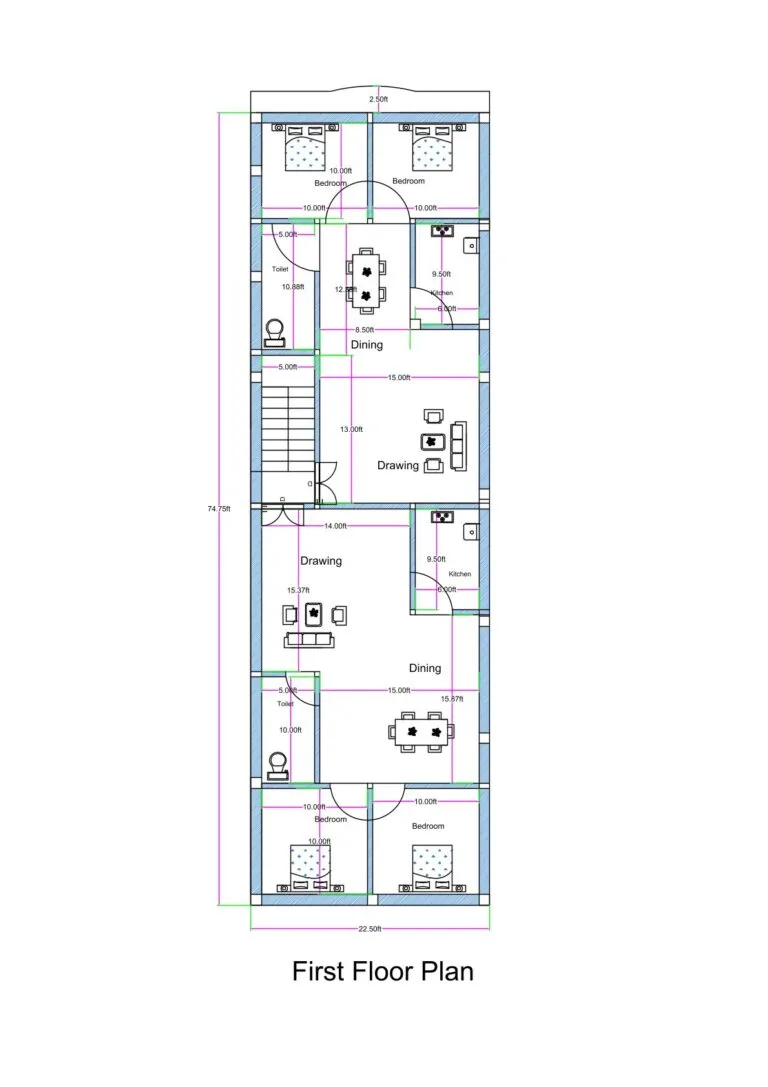 First floor plan of a 22x75 feet (can be written as 20x75 or 25x75 for SEO) north-facing corner plot showing two symmetrical 2BHK flats. Each unit includes two bedrooms, drawing room, dining area, kitchen, and toilet. A central staircase provides independent access to both flats from below. The layout includes a front balcony, proper cross ventilation from two sides due to the corner plot location, and Vastu-aligned room placements. Designed for rental use on a narrow and deep urban plot.