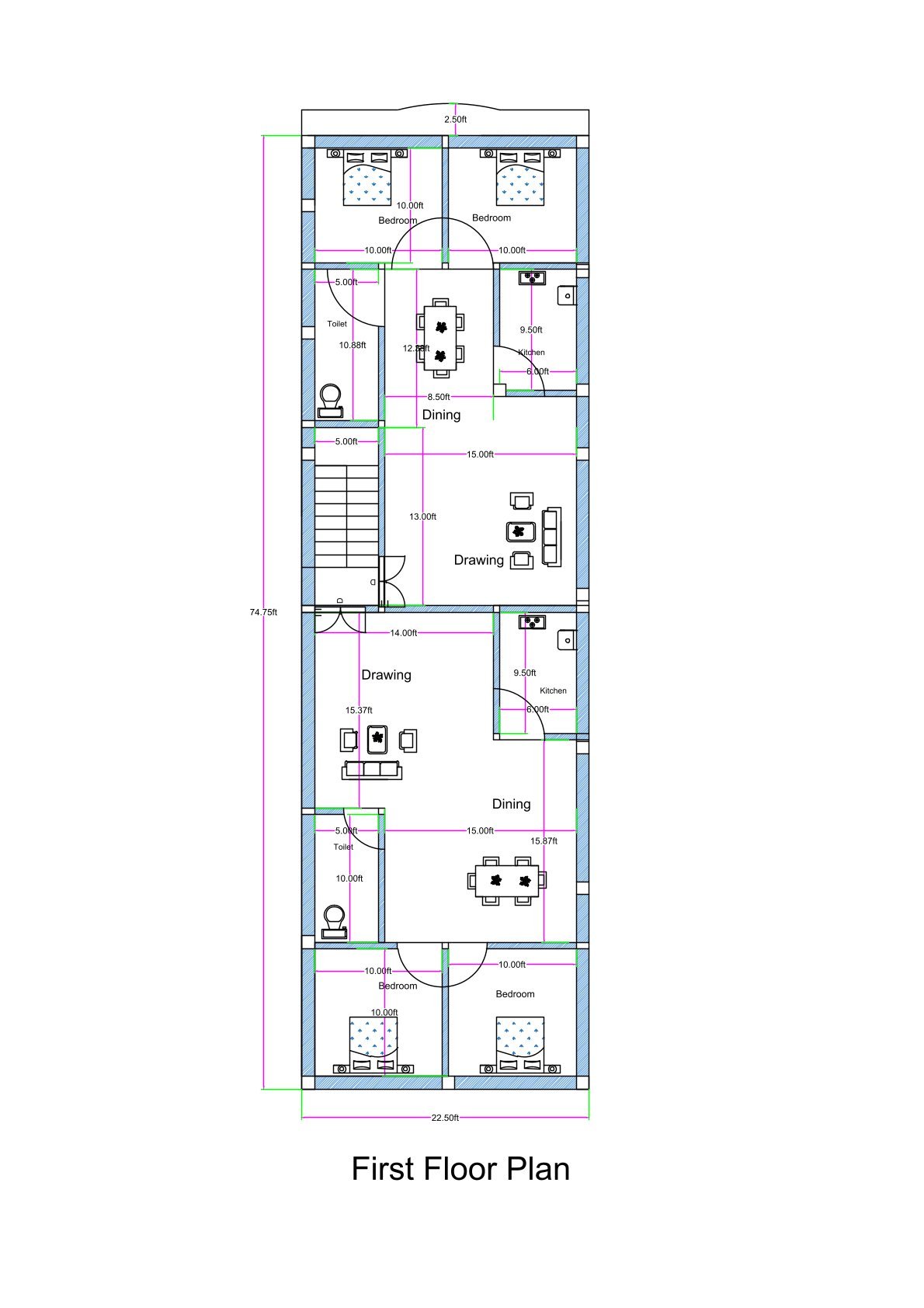 First floor plan of a 22x75 feet (can be written as 20x75 or 25x75 for SEO) north-facing corner plot showing two symmetrical 2BHK flats. Each unit includes two bedrooms, drawing room, dining area, kitchen, and toilet. A central staircase provides independent access to both flats from below. The layout includes a front balcony, proper cross ventilation from two sides due to the corner plot location, and Vastu-aligned room placements. Designed for rental use on a narrow and deep urban plot.